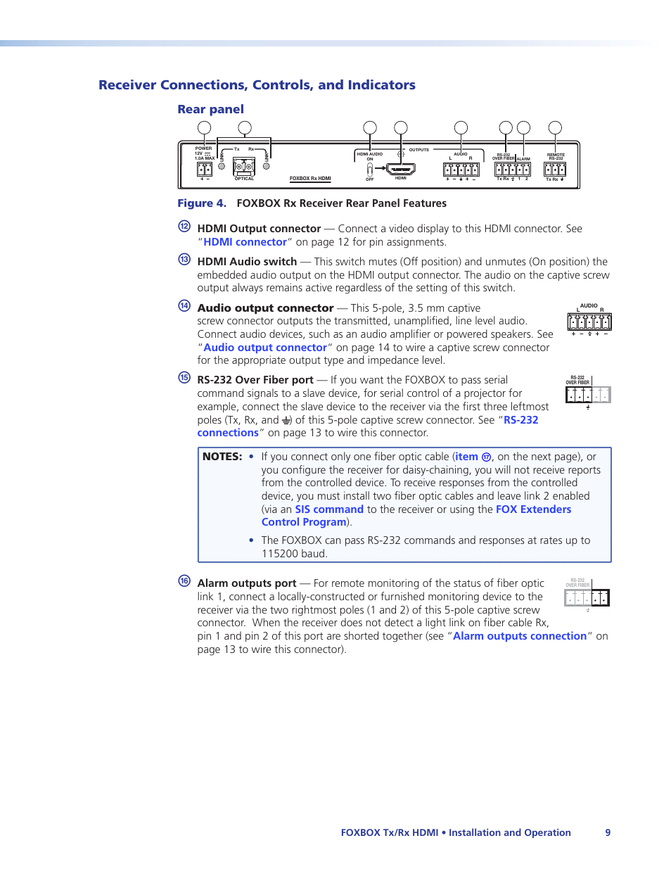 Receiver connections, controls, and indicators, Receiver connections, controls, and, Indicators | Item, Rear panel | Extron Electronics FOXBOX Tx_Rx HDMI User Guide User Manual | Page 15 / 49