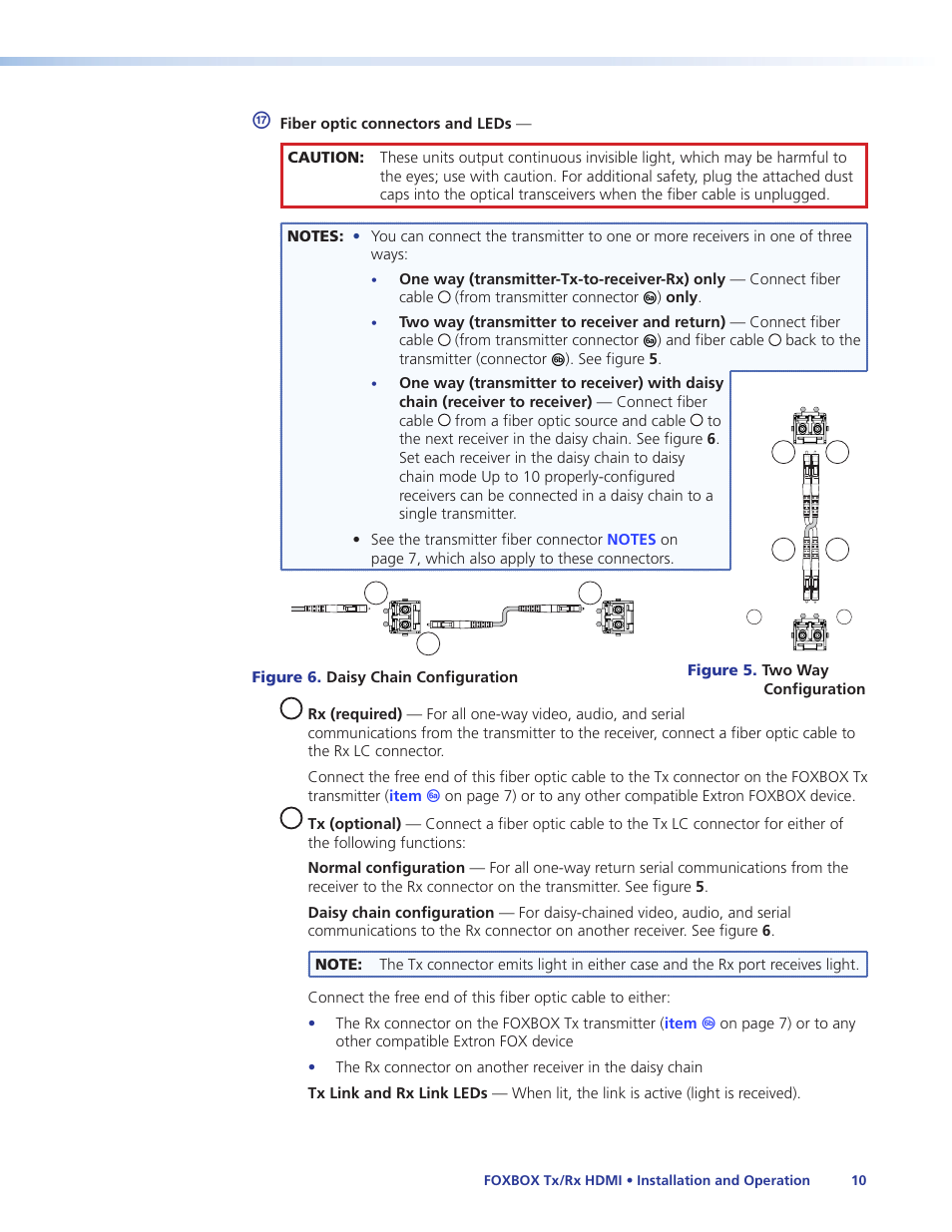 If you connect only one fiber optic cable, Item | Extron Electronics FOXBOX Tx_Rx HDMI User Guide User Manual | Page 16 / 49