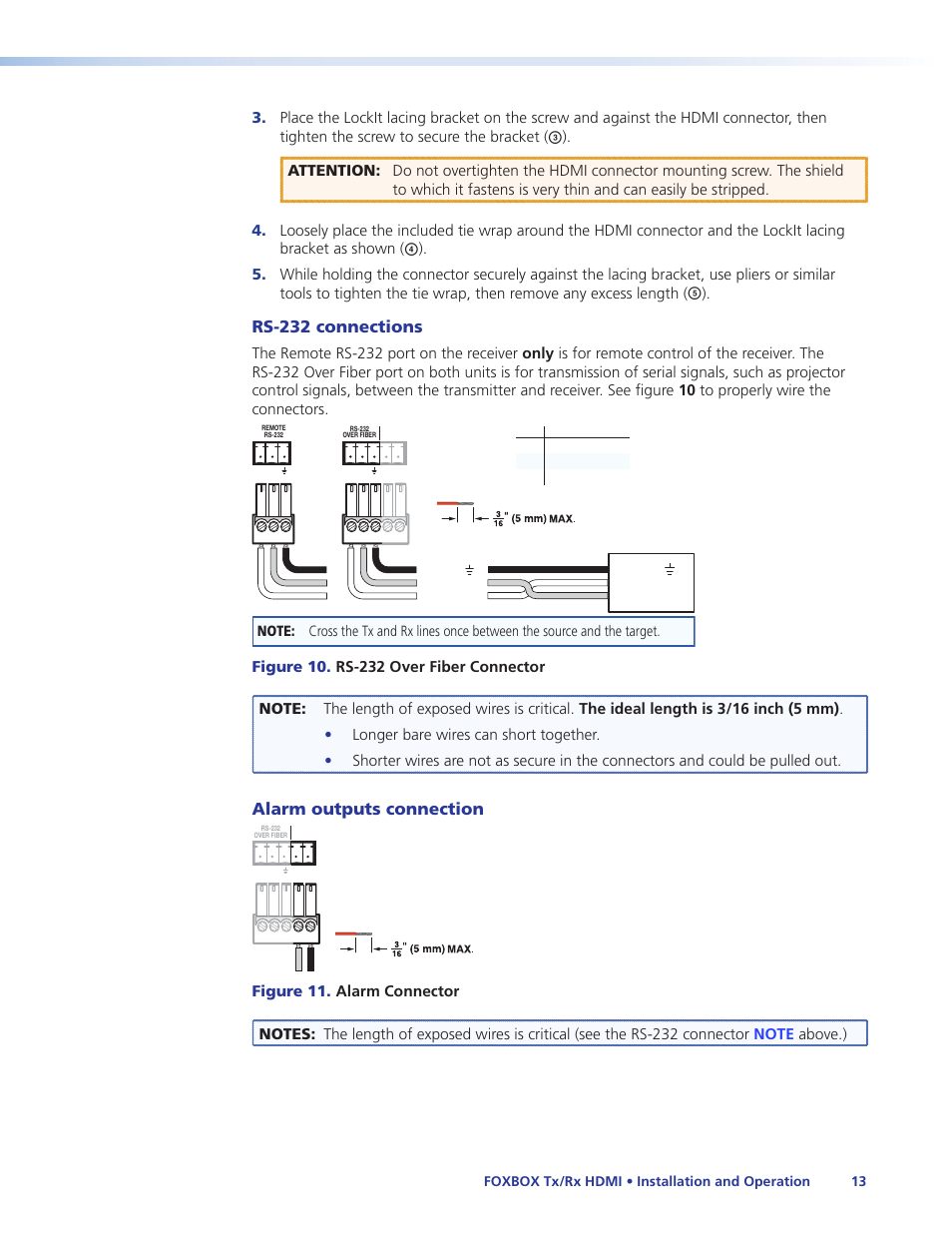Ew connector (see, Rs-232 connections, Alarm outputs | Connection, Rs-232, Connections, E shorted together (see, Alarm outputs connection | Extron Electronics FOXBOX Tx_Rx HDMI User Guide User Manual | Page 19 / 49