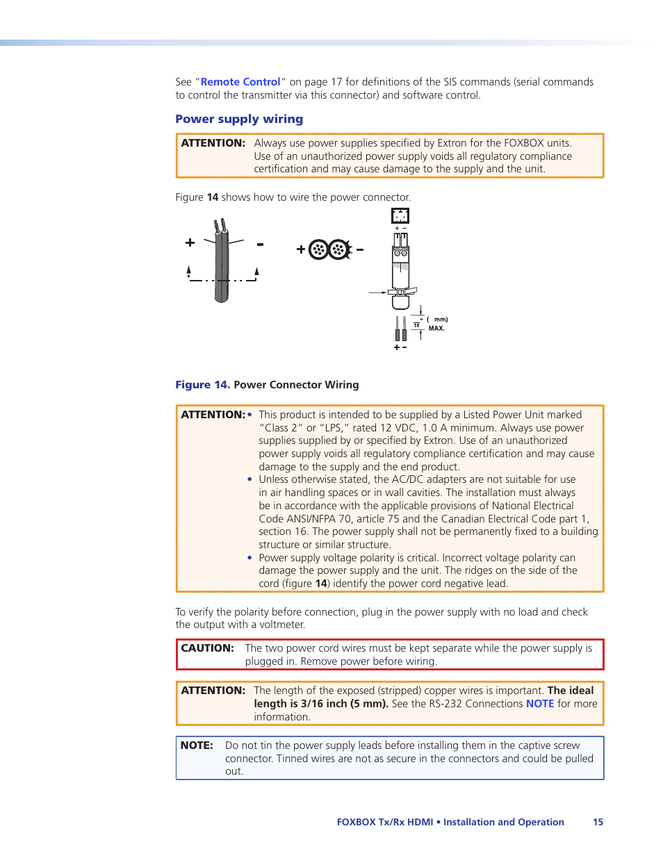 Power supply wiring | Extron Electronics FOXBOX Tx_Rx HDMI User Guide User Manual | Page 21 / 49