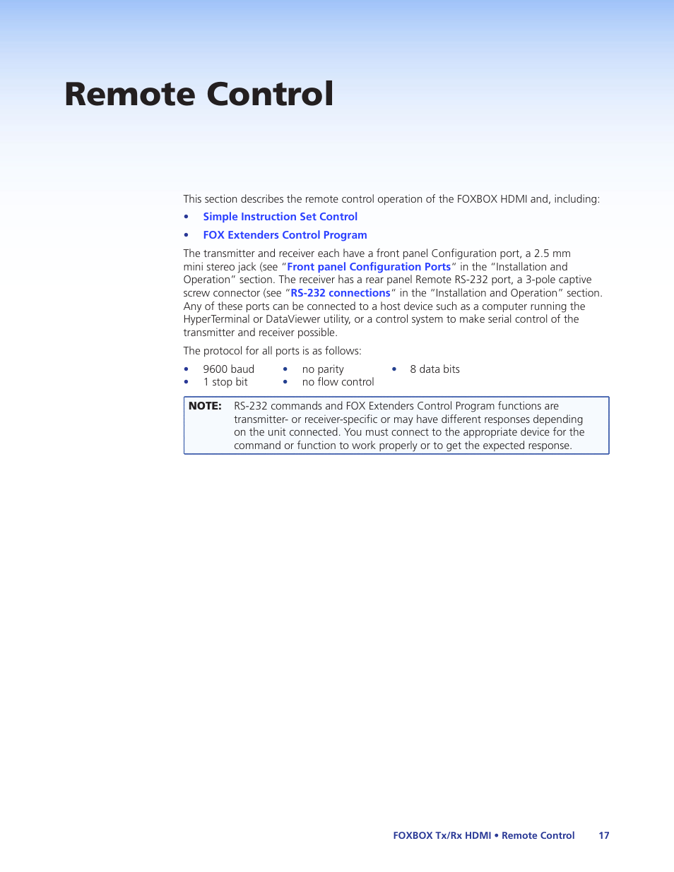 Remote control, Cable. see | Extron Electronics FOXBOX Tx_Rx HDMI User Guide User Manual | Page 23 / 49