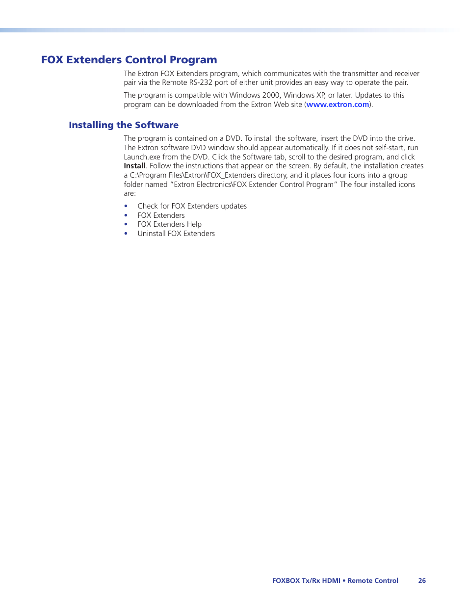 Fox extenders control program, Installing the software | Extron Electronics FOXBOX Tx_Rx HDMI User Guide User Manual | Page 32 / 49