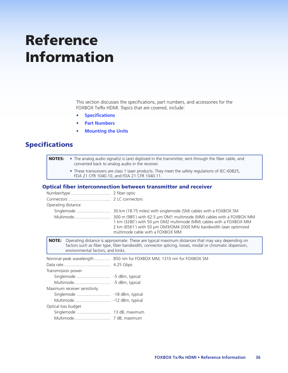 Reference information, Specifications | Extron Electronics FOXBOX Tx_Rx HDMI User Guide User Manual | Page 42 / 49