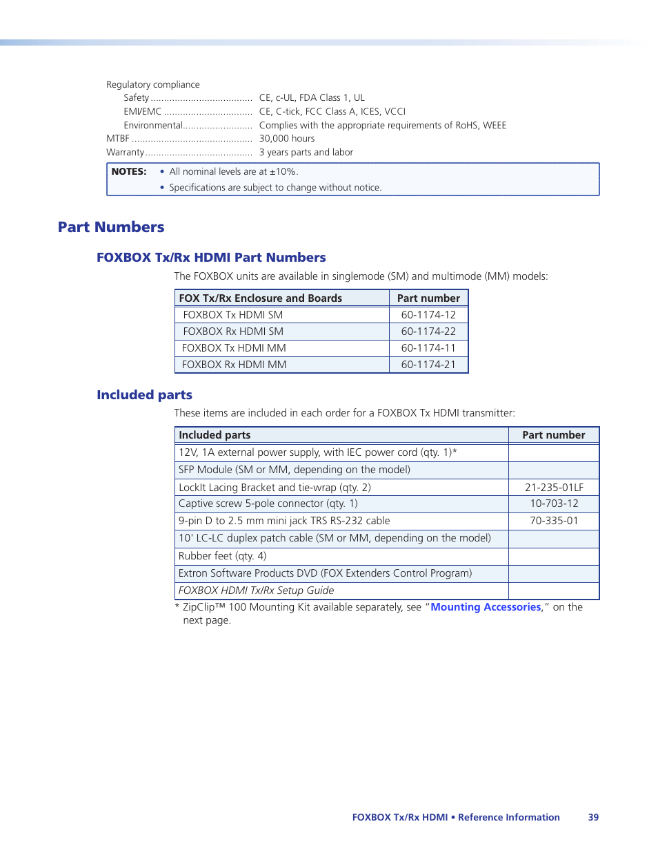 Part numbers, Foxbox tx/rx hdmi part numbers, Included parts | Foxbox tx/rx hdmi part numbers included parts | Extron Electronics FOXBOX Tx_Rx HDMI User Guide User Manual | Page 45 / 49