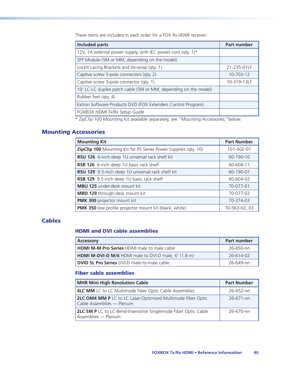 Mounting accessories, Cables, Mounting accessories cables | Extron Electronics FOXBOX Tx_Rx HDMI User Guide User Manual | Page 46 / 49