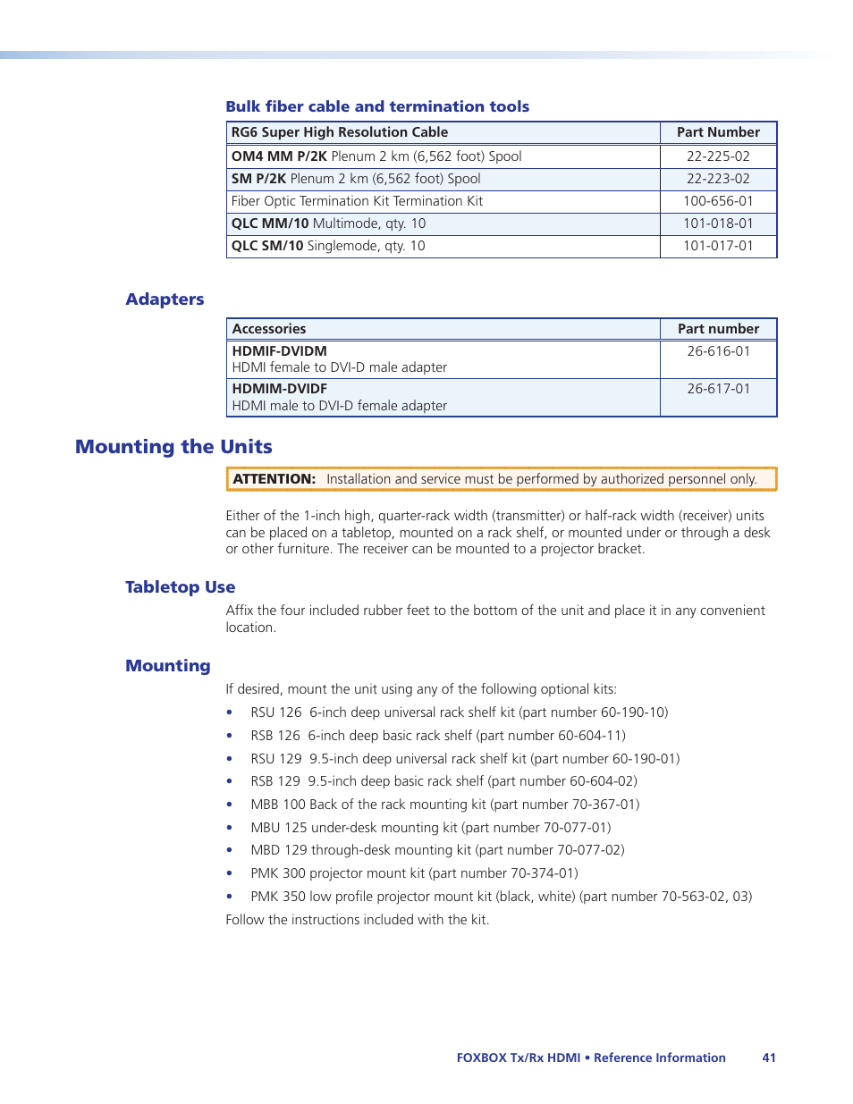 Adapters, Mounting the units, Tabletop use | Mounting, Tabletop use mounting | Extron Electronics FOXBOX Tx_Rx HDMI User Guide User Manual | Page 47 / 49