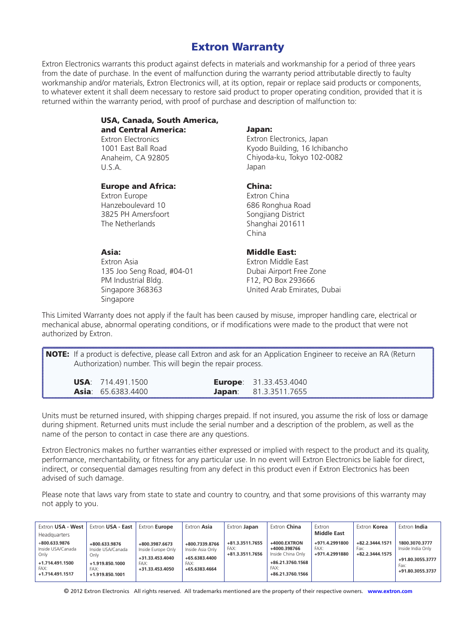 Warranty and contact info, Extron warranty | Extron Electronics FOXBOX Tx_Rx HDMI User Guide User Manual | Page 49 / 49