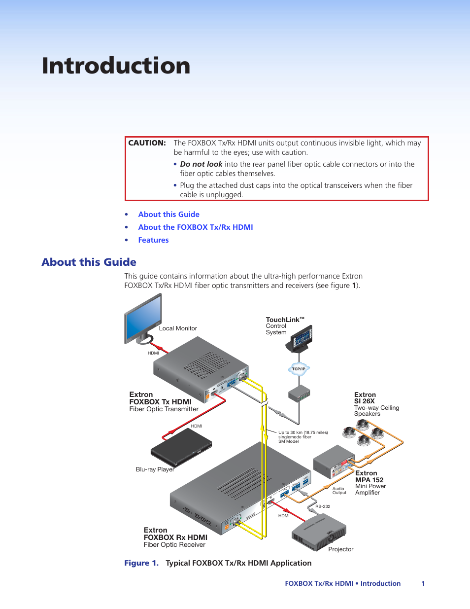 Introduction, About this guide, Figure 1. typical foxbox tx/rx hdmi application | Extron Electronics FOXBOX Tx_Rx HDMI User Guide User Manual | Page 7 / 49