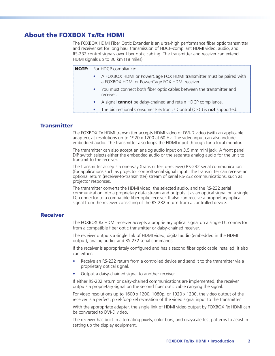 About the foxbox tx/rx hdmi, Transmitter, Receiver | Transmitter receiver | Extron Electronics FOXBOX Tx_Rx HDMI User Guide User Manual | Page 8 / 49