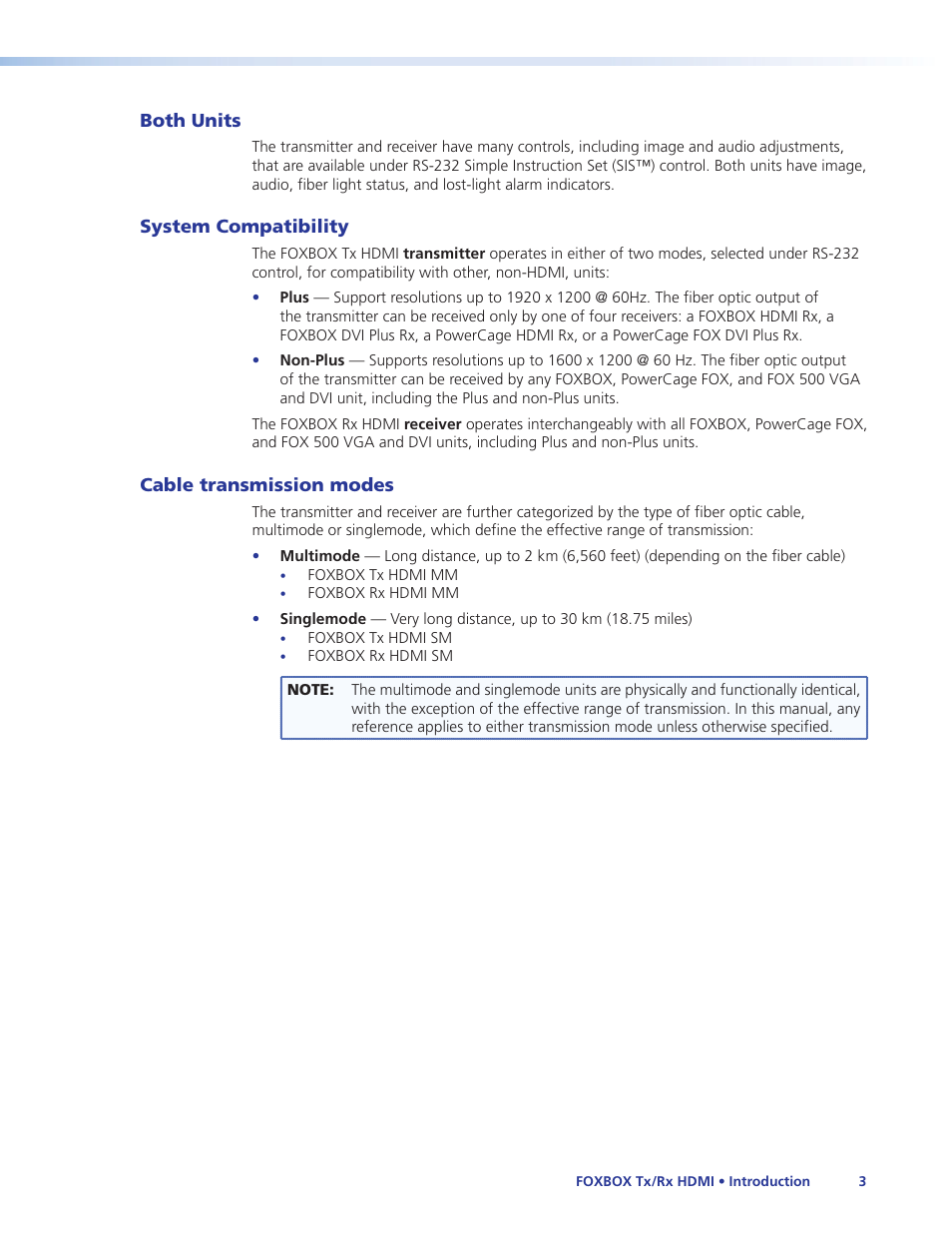Both units, System compatibility, Cable transmission modes | Extron Electronics FOXBOX Tx_Rx HDMI User Guide User Manual | Page 9 / 49