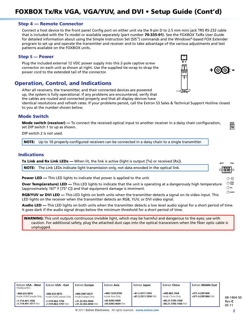 Operation, control, and indications, Step 4 — remote connector, Step | Power, Mode switch, Indications | Extron Electronics FOXBOX Tx_Rx DVI Setup Guide User Manual | Page 2 / 2