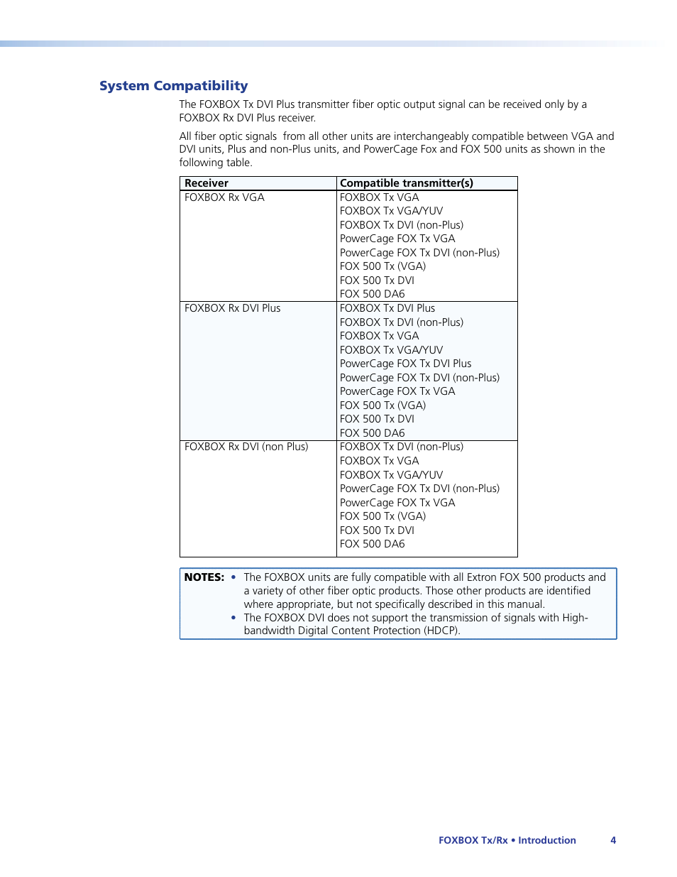 System compatibility | Extron Electronics FOXBOX Tx_Rx DVI Plus User Guide User Manual | Page 10 / 50