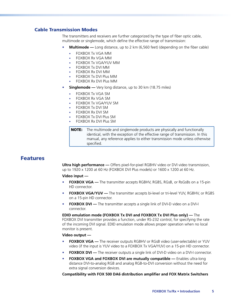 Cable transmission modes, Features | Extron Electronics FOXBOX Tx_Rx DVI Plus User Guide User Manual | Page 11 / 50