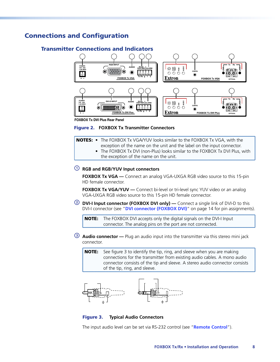 Connections and configuration, Transmitter connections and indicators, Eceivers (see | Connections and, Configuration | Extron Electronics FOXBOX Tx_Rx DVI Plus User Guide User Manual | Page 14 / 50