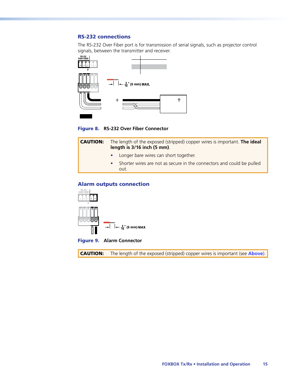 Ew connector (see, Rs-232, Connections | Alarm outputs, Connection, Rs-232 connections, Alarm outputs connection | Extron Electronics FOXBOX Tx_Rx DVI Plus User Guide User Manual | Page 21 / 50