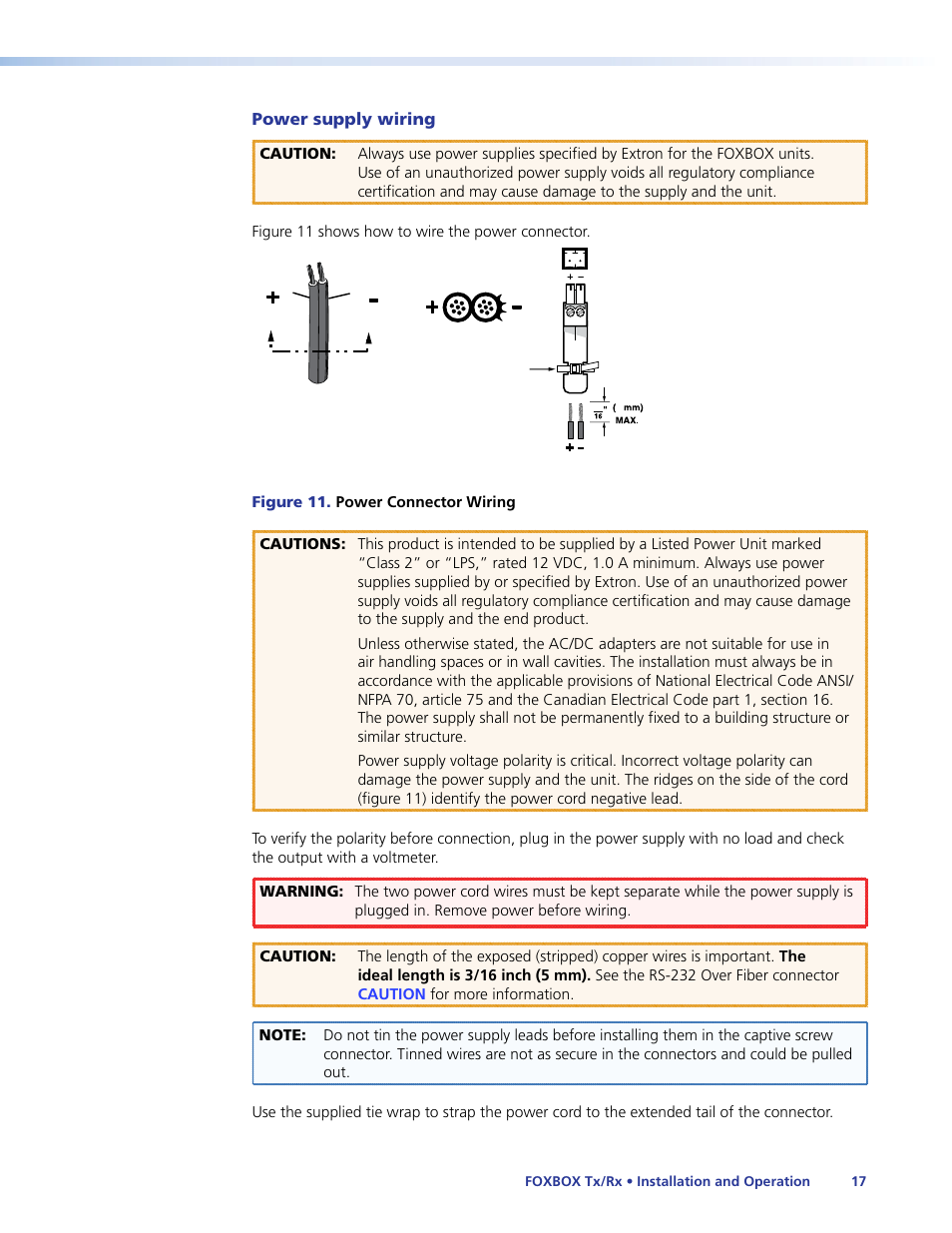 Power supply wiring | Extron Electronics FOXBOX Tx_Rx DVI Plus User Guide User Manual | Page 23 / 50