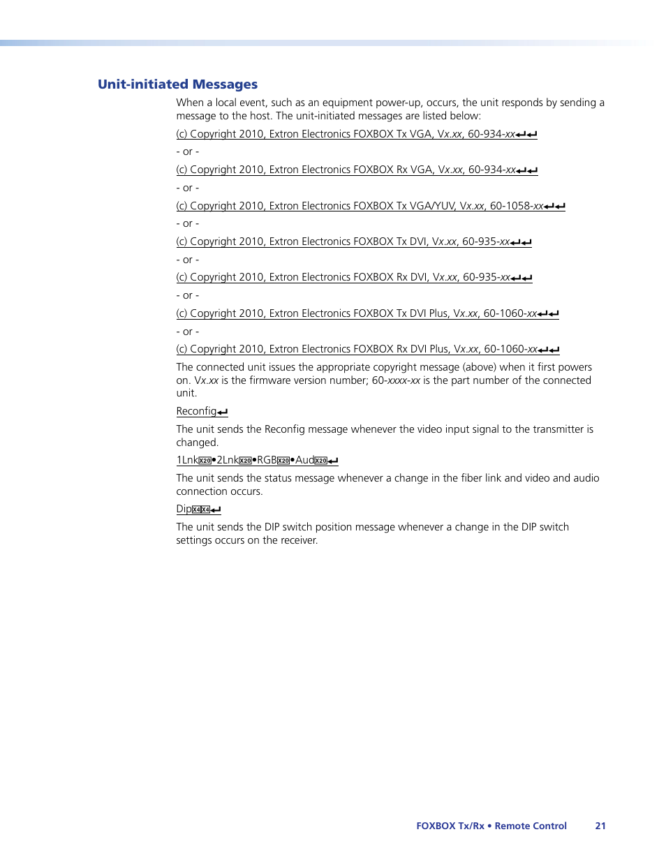 Unit-initiated messages | Extron Electronics FOXBOX Tx_Rx DVI Plus User Guide User Manual | Page 27 / 50