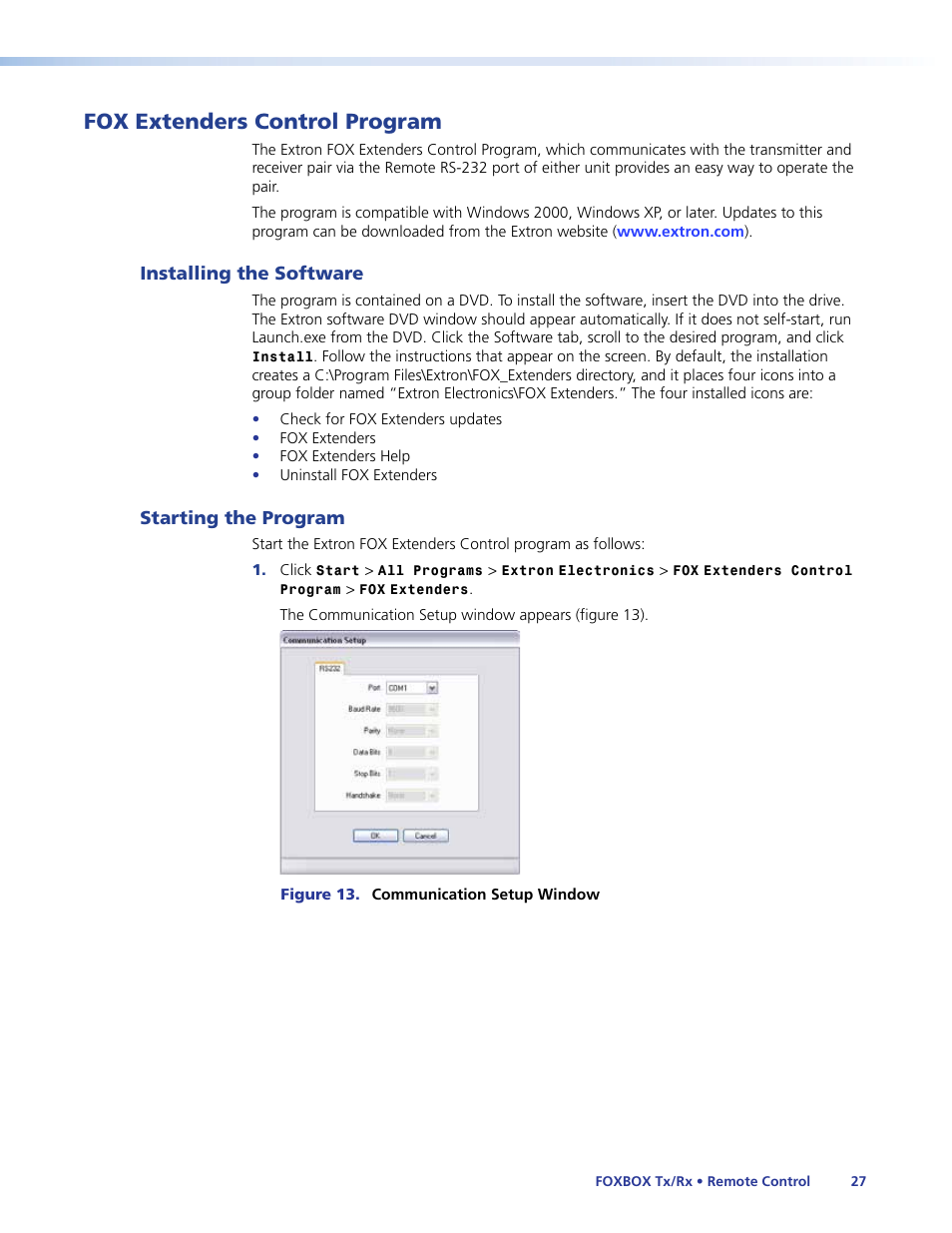 Fox extenders control program, Installing the software, Starting the program | Installing the software starting the program | Extron Electronics FOXBOX Tx_Rx DVI Plus User Guide User Manual | Page 33 / 50