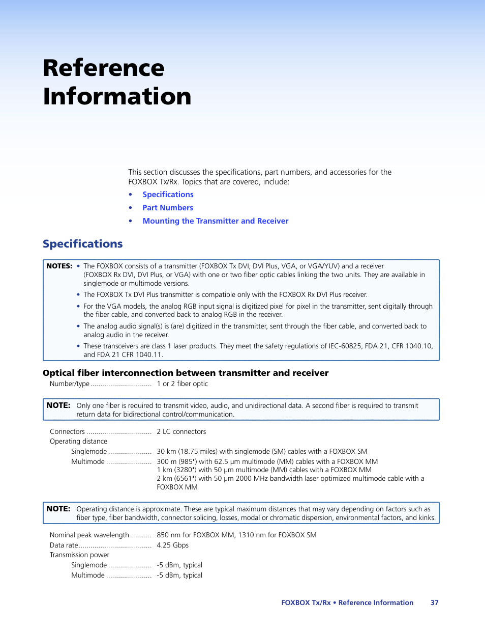 Reference information, Specifications | Extron Electronics FOXBOX Tx_Rx DVI Plus User Guide User Manual | Page 43 / 50