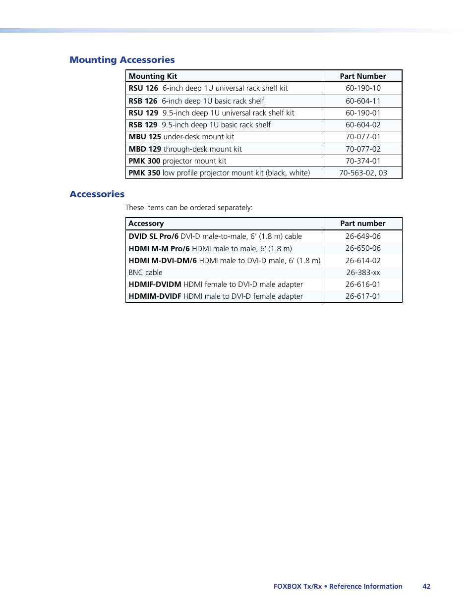 Mounting accessories, Accessories, Mounting accessories accessories | Extron Electronics FOXBOX Tx_Rx DVI Plus User Guide User Manual | Page 48 / 50