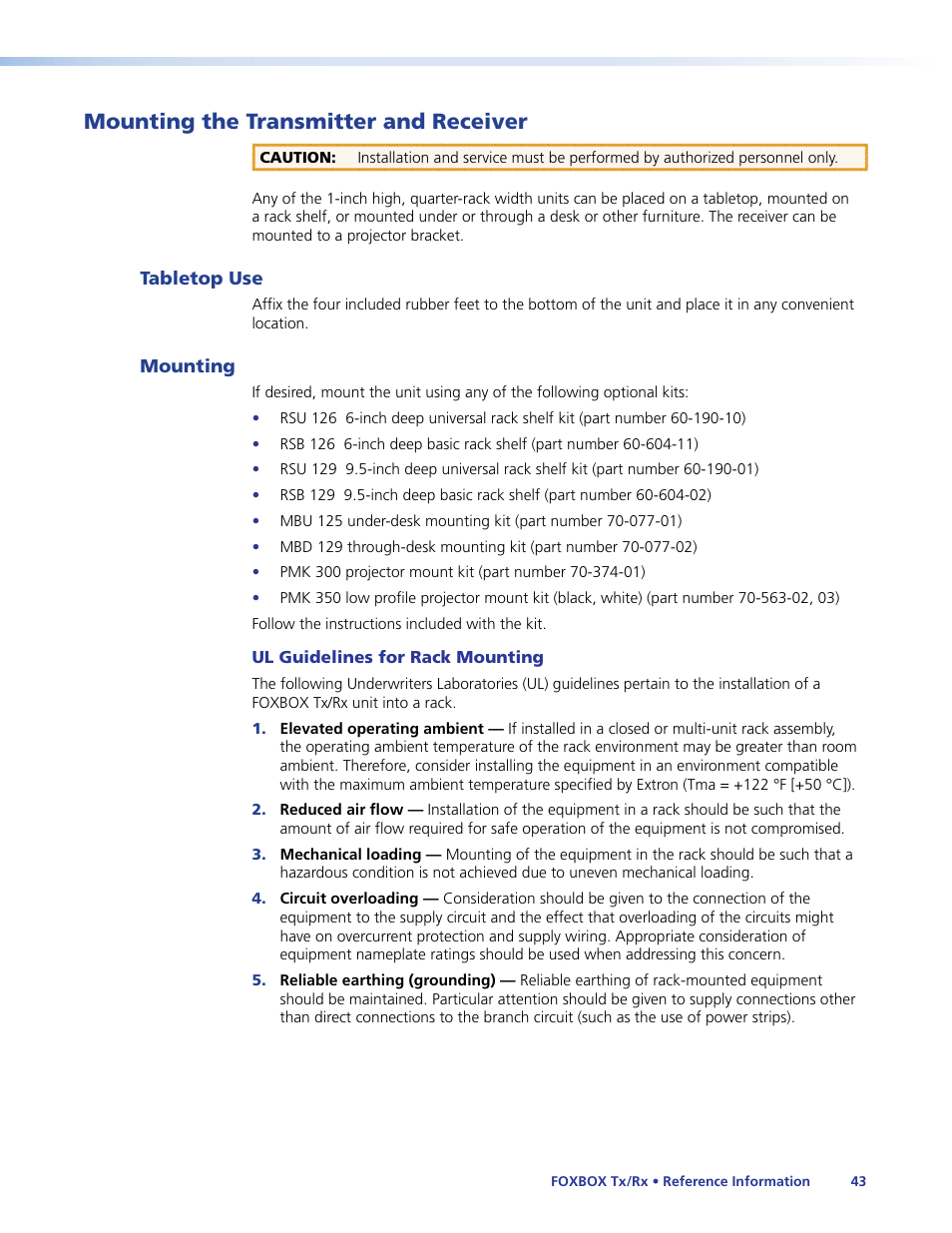 Mounting the transmitter and receiver, Tabletop use, Mounting | Tabletop use mounting, Detailed mounting instructions can be found in the, Reference information | Extron Electronics FOXBOX Tx_Rx DVI Plus User Guide User Manual | Page 49 / 50