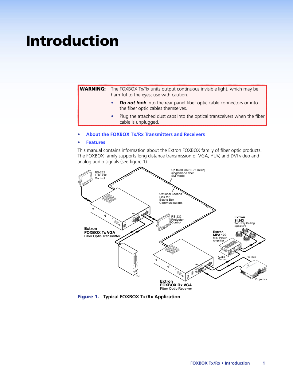 Introduction, Figure 1. typical foxbox tx/rx application, 12v 1.0a ma x po wer | Foxbox tx/rx • introduction 1 | Extron Electronics FOXBOX Tx_Rx DVI Plus User Guide User Manual | Page 7 / 50