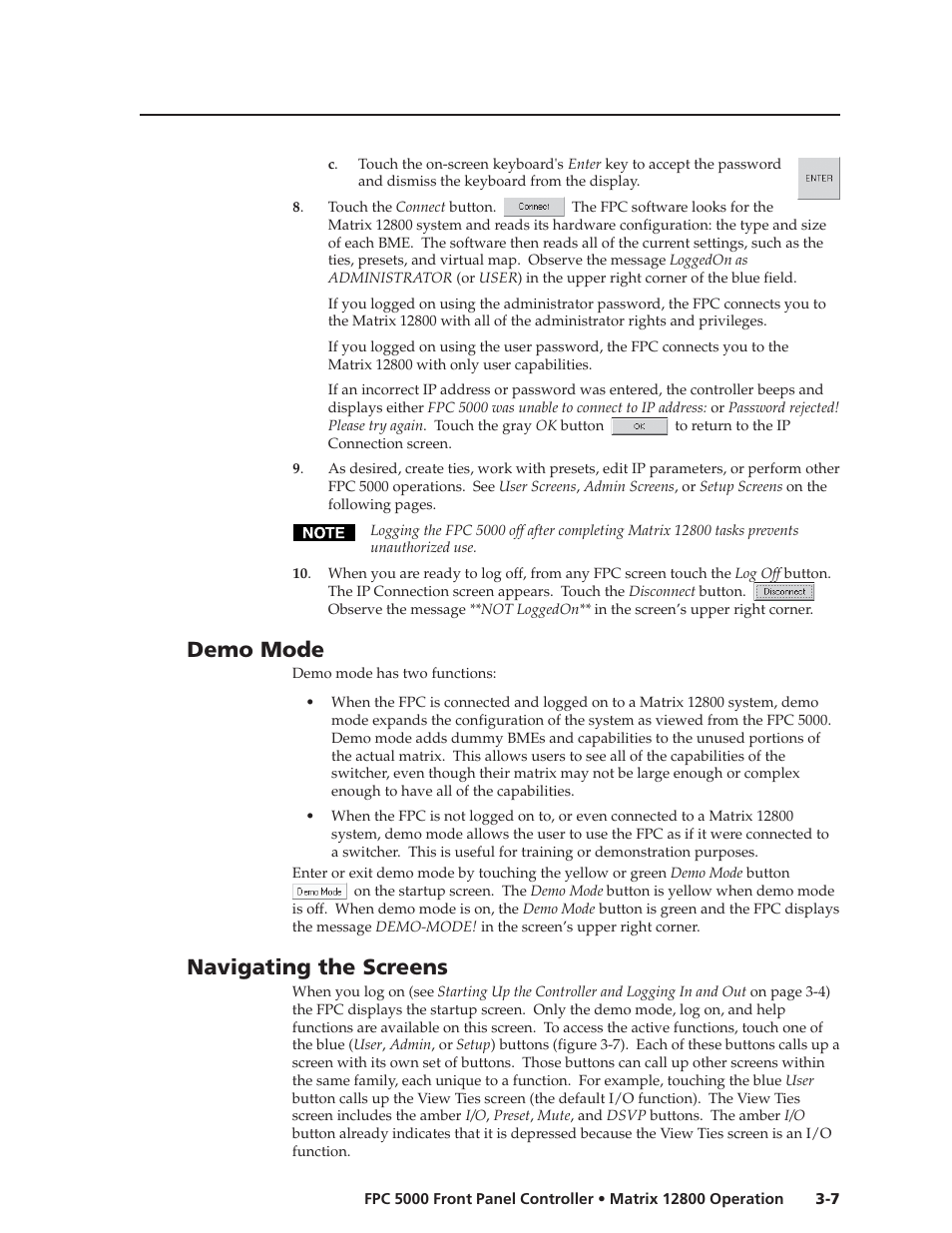 Demo mode, Navigating the screens | Extron Electronics FPC 5000 User Manual | Page 27 / 60