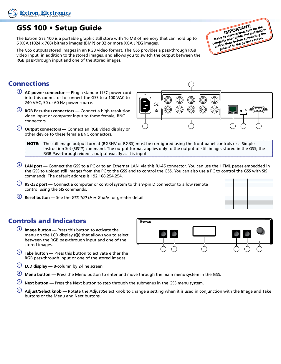 Extron Electronics GSS 100 Setup Guide User Manual | 4 pages