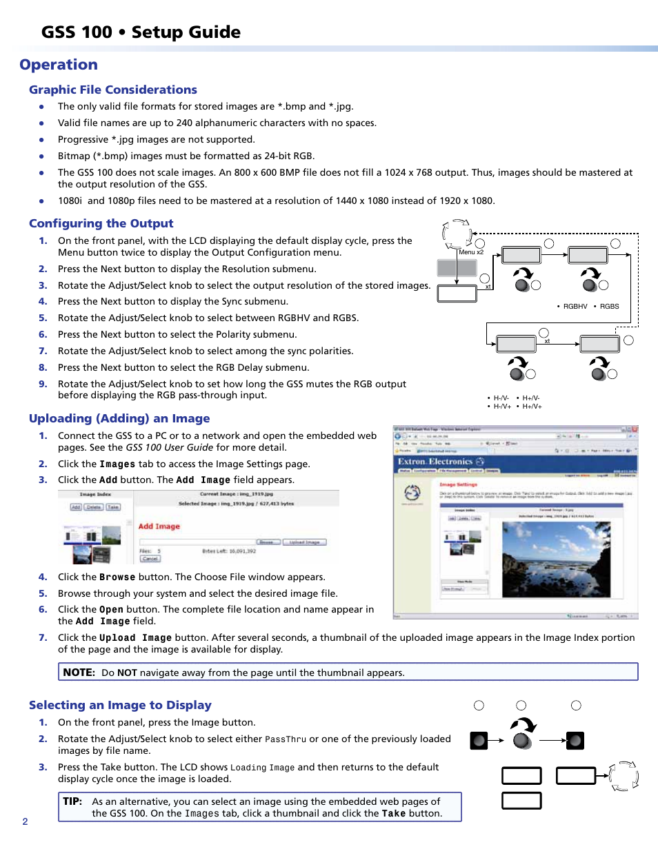 Operation, Graphic file considerations, Configuring the output | Uploading (adding) an image, Selecting an image to display, Gss 100 • setup guide | Extron Electronics GSS 100 Setup Guide User Manual | Page 2 / 4