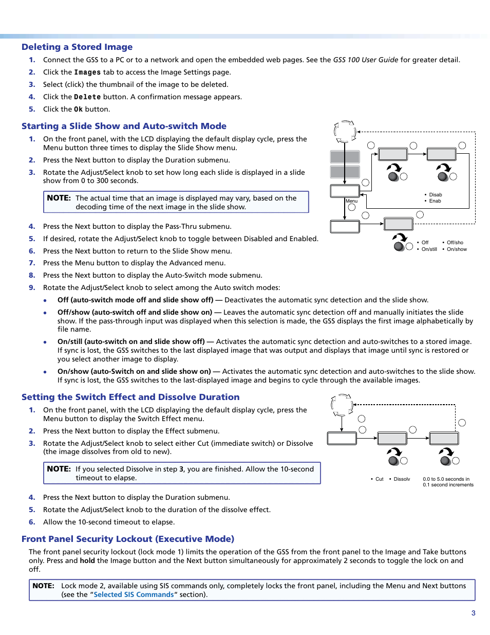 Deleting a stored image, Starting a slide show and auto-switch mode, Setting the switch effect and dissolve duration | Front panel security lockout (executive mode) | Extron Electronics GSS 100 Setup Guide User Manual | Page 3 / 4