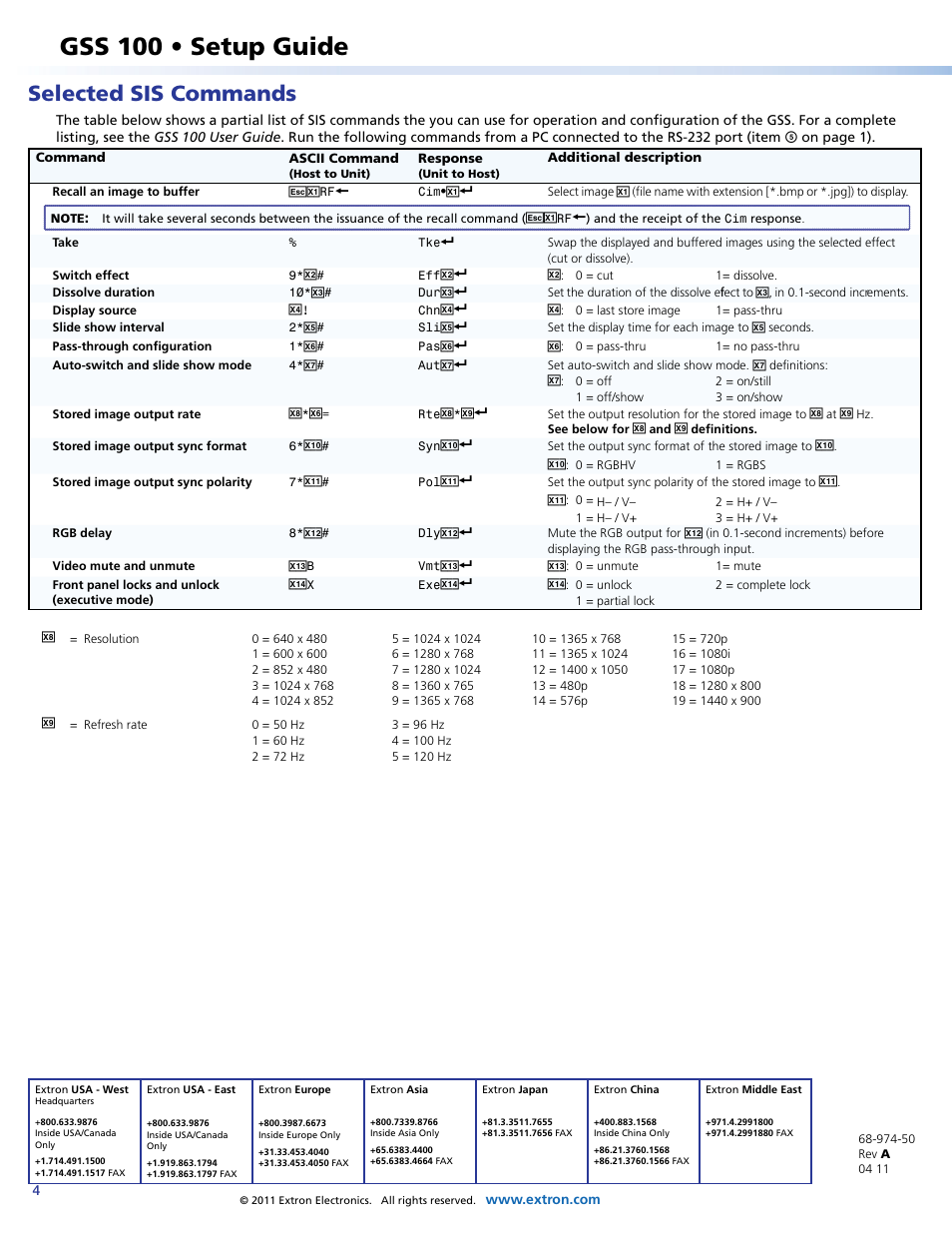 Selected sis commands, Gss 100 • setup guide | Extron Electronics GSS 100 Setup Guide User Manual | Page 4 / 4