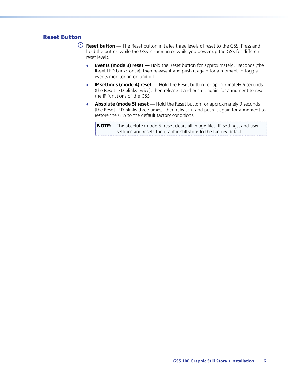 Reset button | Extron Electronics GSS 100 User Guide User Manual | Page 12 / 60