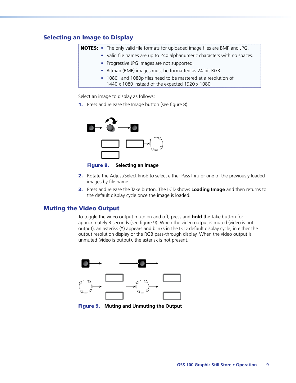 Selecting an image to display, Muting the video output | Extron Electronics GSS 100 User Guide User Manual | Page 15 / 60