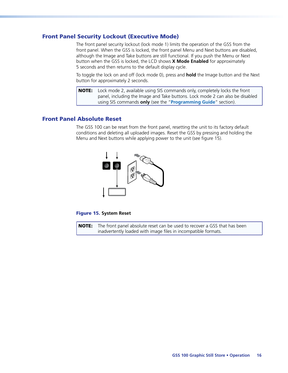 Front panel security lockout (executive mode), Front panel absolute reset, Front panel security lockout | Executive mode) | Extron Electronics GSS 100 User Guide User Manual | Page 22 / 60