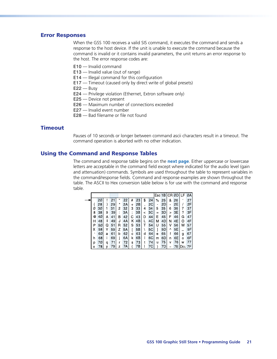 Error responses, Timeout, Using the command and response tables | Tables | Extron Electronics GSS 100 User Guide User Manual | Page 27 / 60