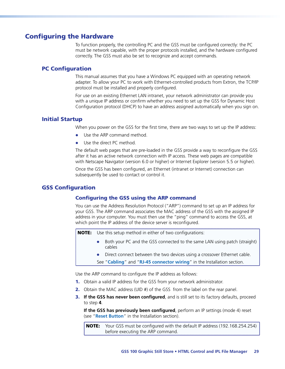 Configuring the hardware, Pc configuration, Initial startup | Gss configuration, Configuring the gss using the arp command, Pc configuration initial startup gss configuration | Extron Electronics GSS 100 User Guide User Manual | Page 35 / 60