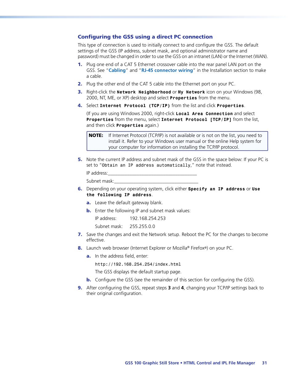 Configuring the gss using a direct pc connection | Extron Electronics GSS 100 User Guide User Manual | Page 37 / 60