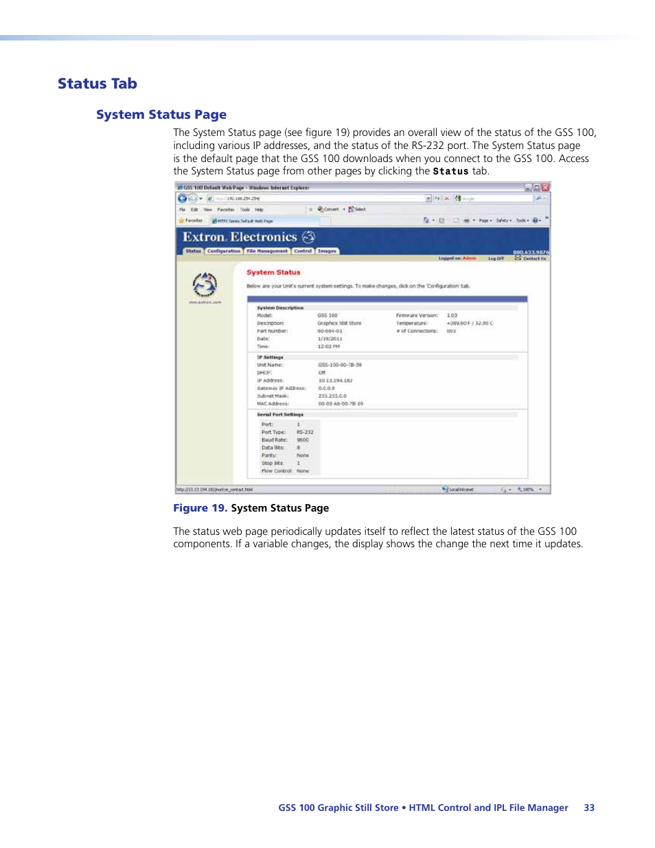 Status tab | Extron Electronics GSS 100 User Guide User Manual | Page 39 / 60