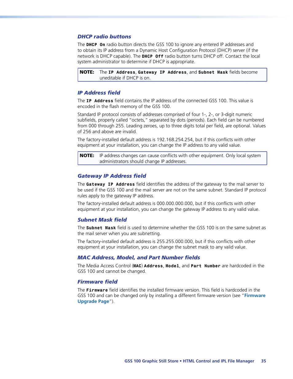 Dhcp radio buttons, Ip address field, Gateway ip address field | Subnet mask field, Mac address, model, and part number fields, Firmware field, Html control and ipl file manager | Extron Electronics GSS 100 User Guide User Manual | Page 41 / 60