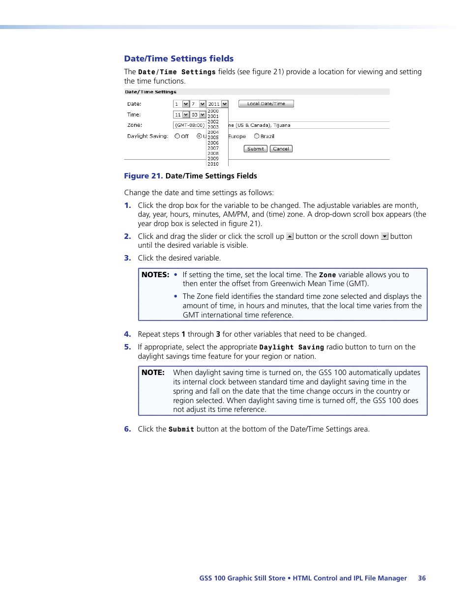 Date/time settings fields | Extron Electronics GSS 100 User Guide User Manual | Page 42 / 60