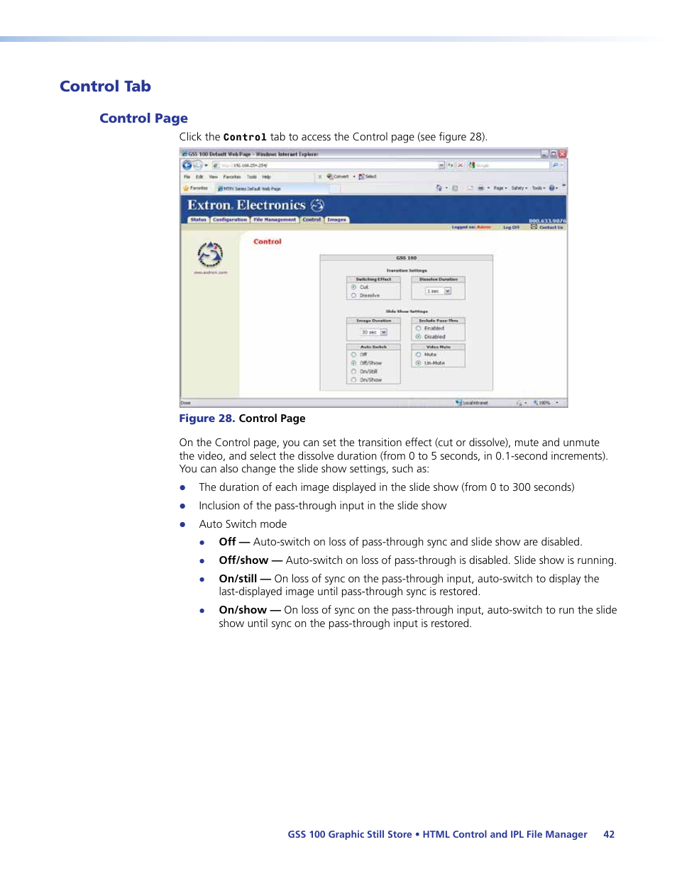 Control tab | Extron Electronics GSS 100 User Guide User Manual | Page 48 / 60