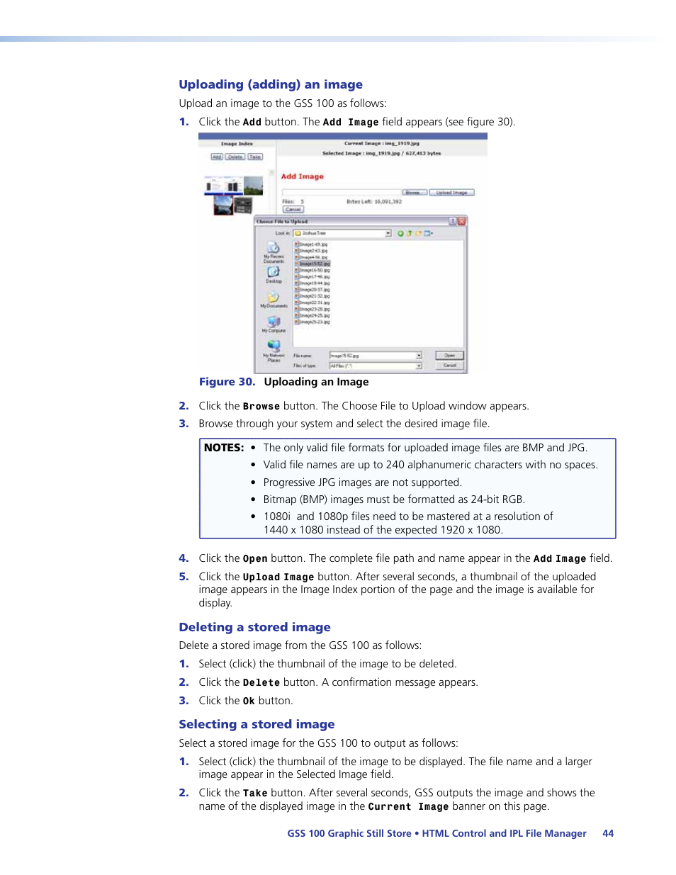 Uploading (adding) an image, Deleting a stored image, Selecting a stored image | Extron Electronics GSS 100 User Guide User Manual | Page 50 / 60