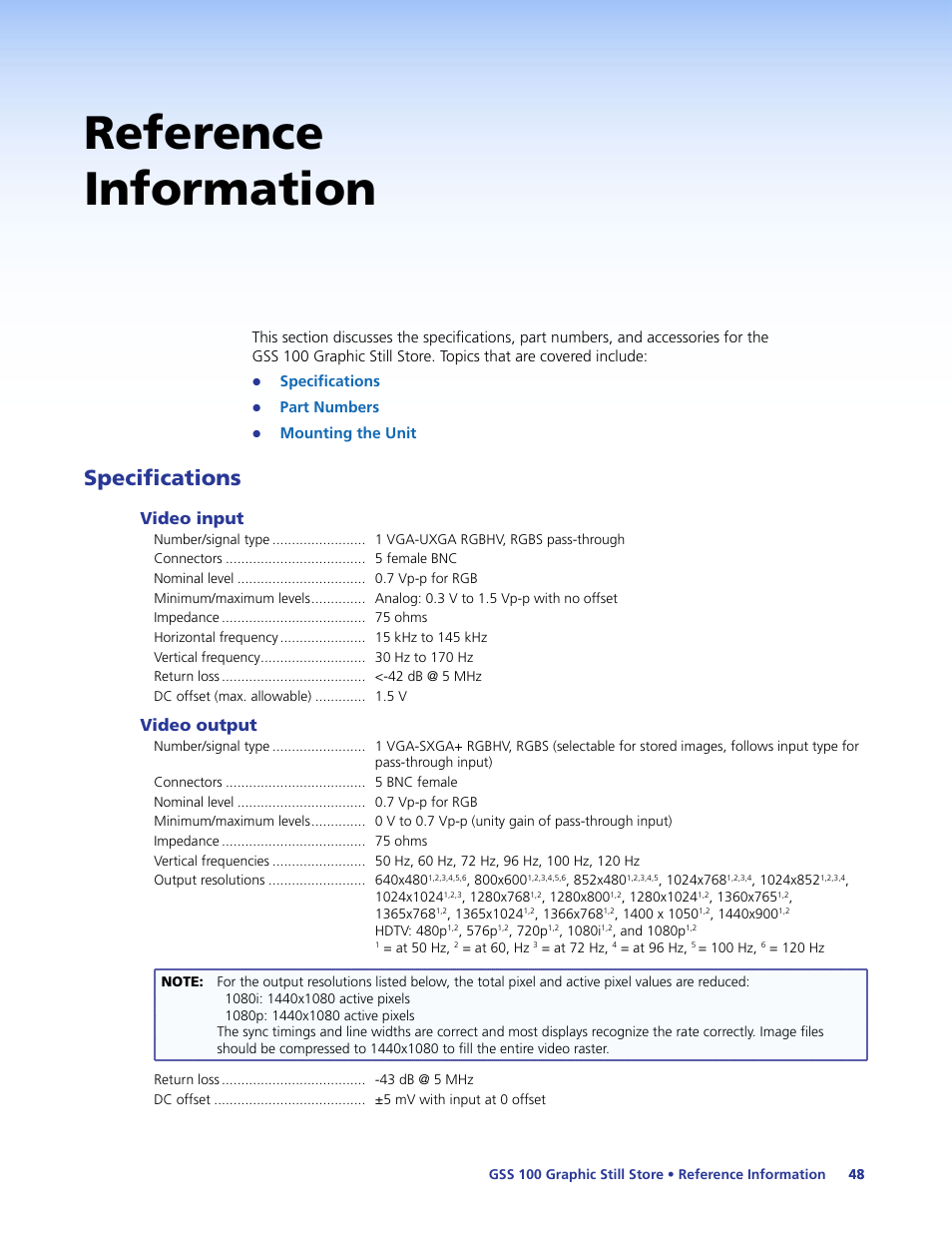 Reference information, Specifications, Detailed mounting instructions can be found in the | Video input, Video output | Extron Electronics GSS 100 User Guide User Manual | Page 54 / 60