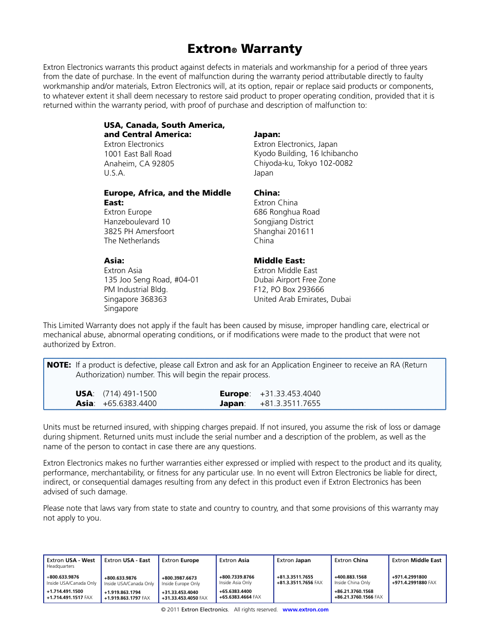 Inside rear cover: warranty, Extron, Warranty | Extron Electronics GSS 100 User Guide User Manual | Page 60 / 60