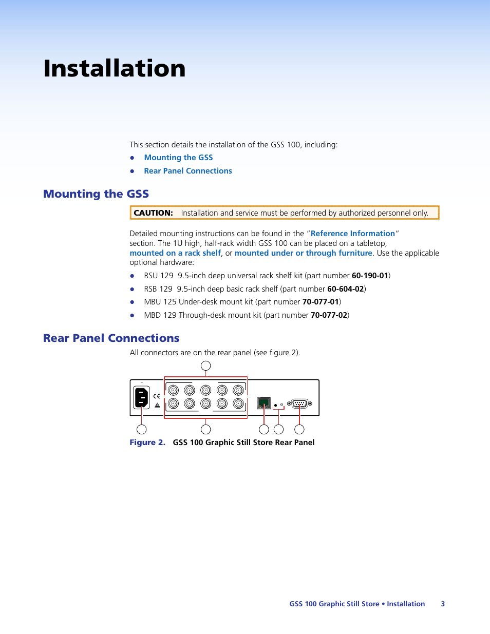 Installation, Mounting the gss, Rear panel connections | Mounting the gss rear panel connections | Extron Electronics GSS 100 User Guide User Manual | Page 9 / 60