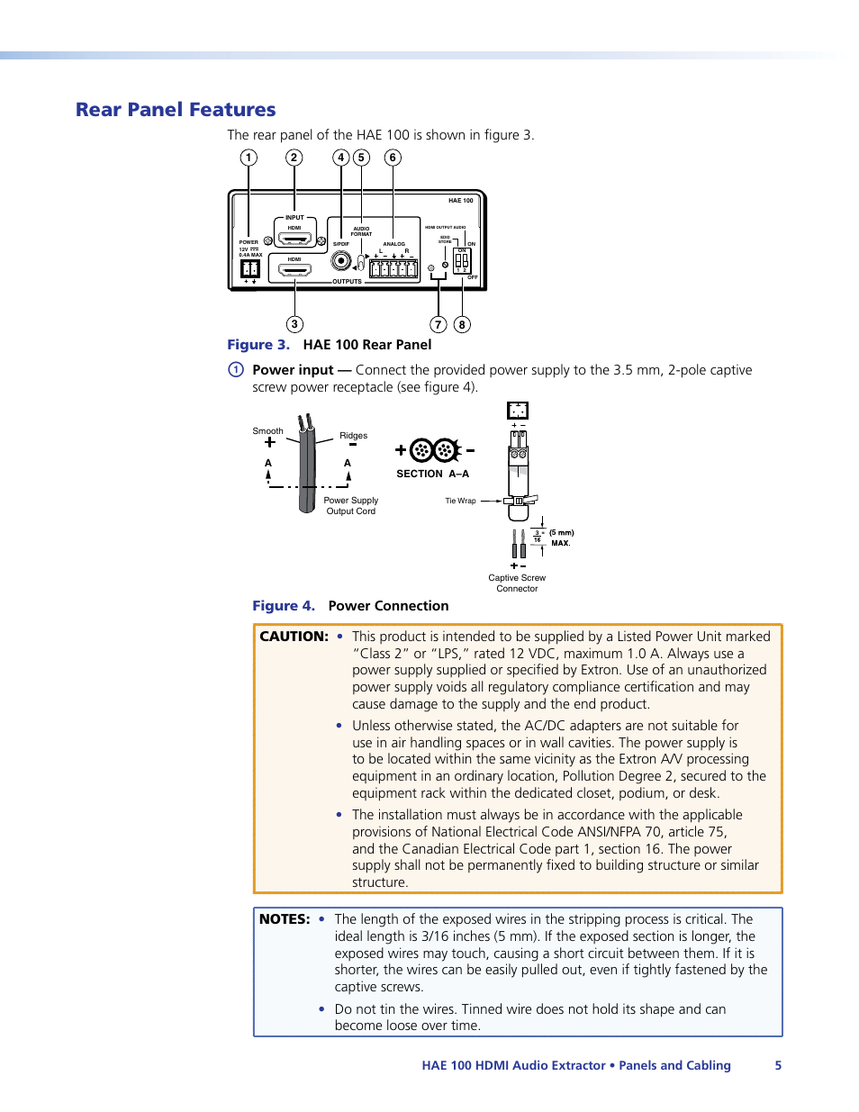 Rear panel features, Plug in the power supply for the hae 100, And all necessary devices. t | The rear panel of the hae 100 is shown in figure 3, Figure 3. hae 100 rear panel | Extron Electronics HAE 100 User Guide User Manual | Page 10 / 27