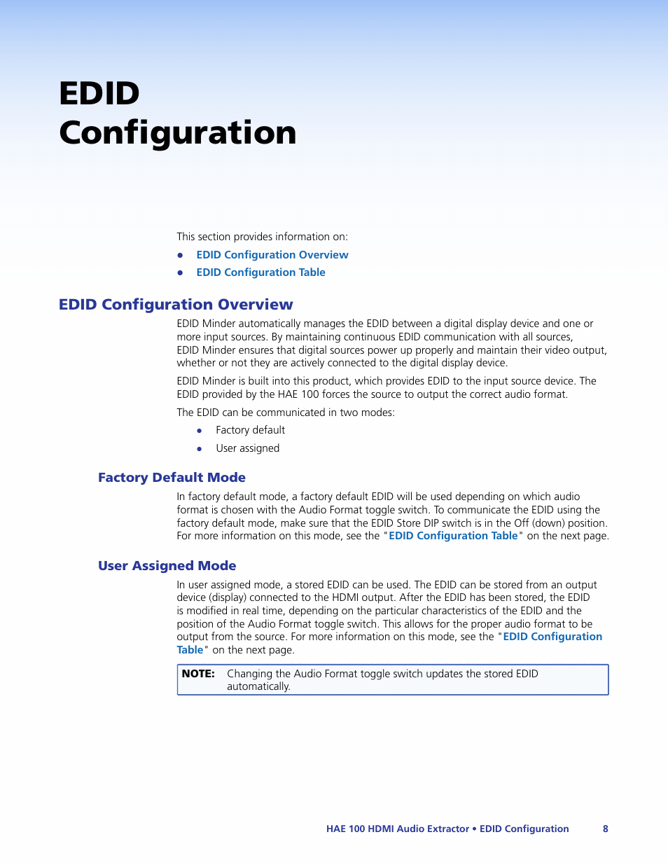 Edid configuration, Edid configuration overview, Factory default mode | User assigned mode, Factory default mode user assigned mode | Extron Electronics HAE 100 User Guide User Manual | Page 13 / 27