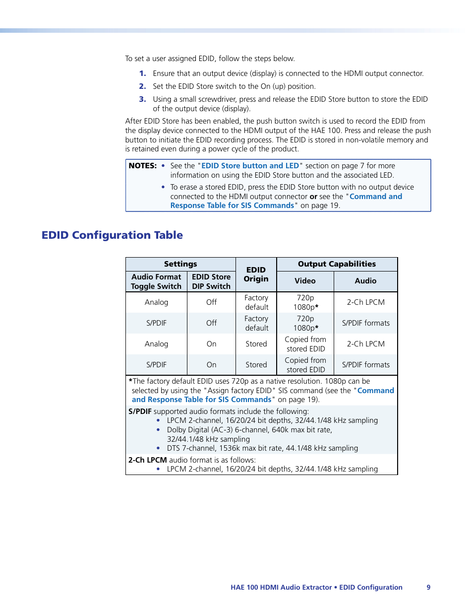 Edid configuration table, E information on this mode, see the, Edid configuration | Table | Extron Electronics HAE 100 User Guide User Manual | Page 14 / 27