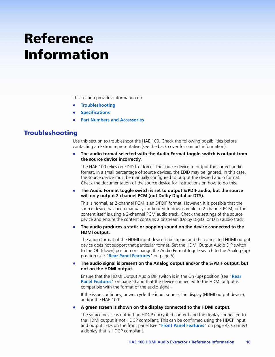 Reference information, Troubleshooting, Reference | Information, Ce device (see the | Extron Electronics HAE 100 User Guide User Manual | Page 15 / 27