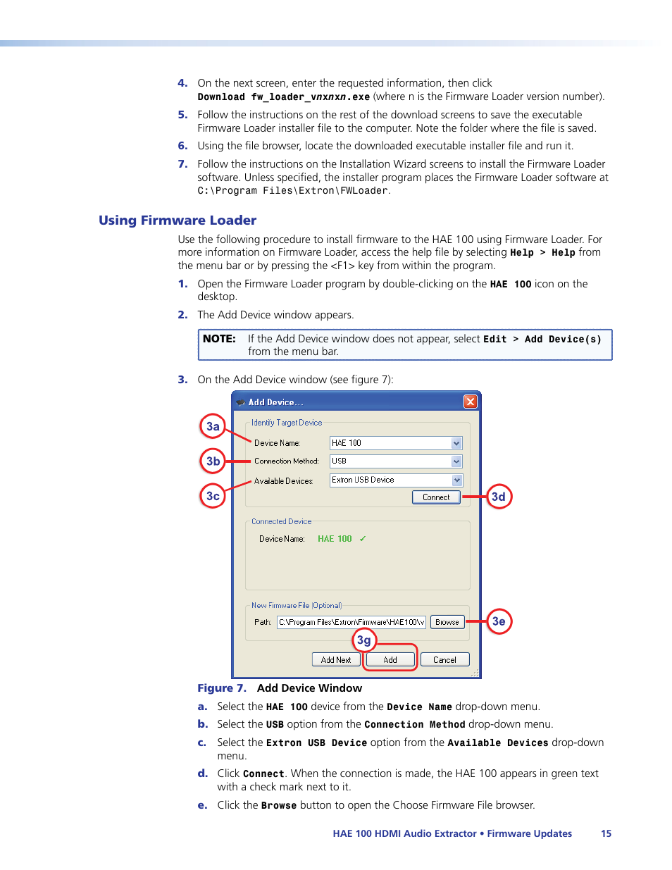 Using firmware loader | Extron Electronics HAE 100 User Guide User Manual | Page 20 / 27